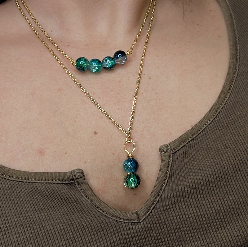 Boho Teal Crackle Glass Bead Double Layer Necklace - Gold Stainless Steel